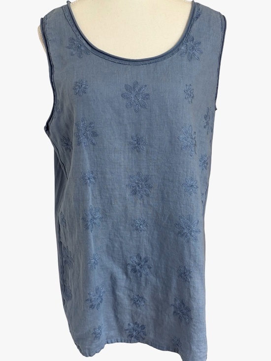 Me & Gee Tops - Italian Linen Cotton Blend Blue Floral Embroidery Boho Sleeveless Top-Sz-XL